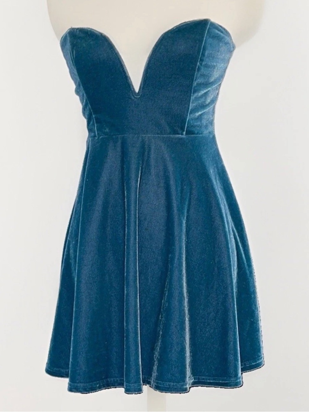 Marine blue velvet deep V skater dress